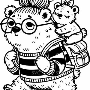 Puede incluir: Ilustración en blanco y negro de un oso con gafas y un suéter a rayas, que lleva un oso más pequeño en la espalda. El oso más pequeño tiene un lazo y sostiene una mochila. La imagen tiene el texto "SVG" en la esquina inferior derecha.