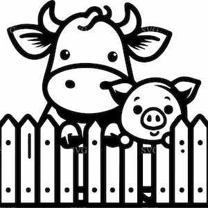 6 SVG de vaca y cerdo adorables, 6 imágenes prediseñadas de cerca de animales de granja, archivo de corte de vaca y cerdo de dibujos animados para Cricut, silueta, sublimación