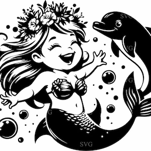 Fichier de coupe SVG 4 sirène et dauphin | Jolie sirène avec une fleur et une silhouette de dauphin | Clipart sur le thème de l'océan