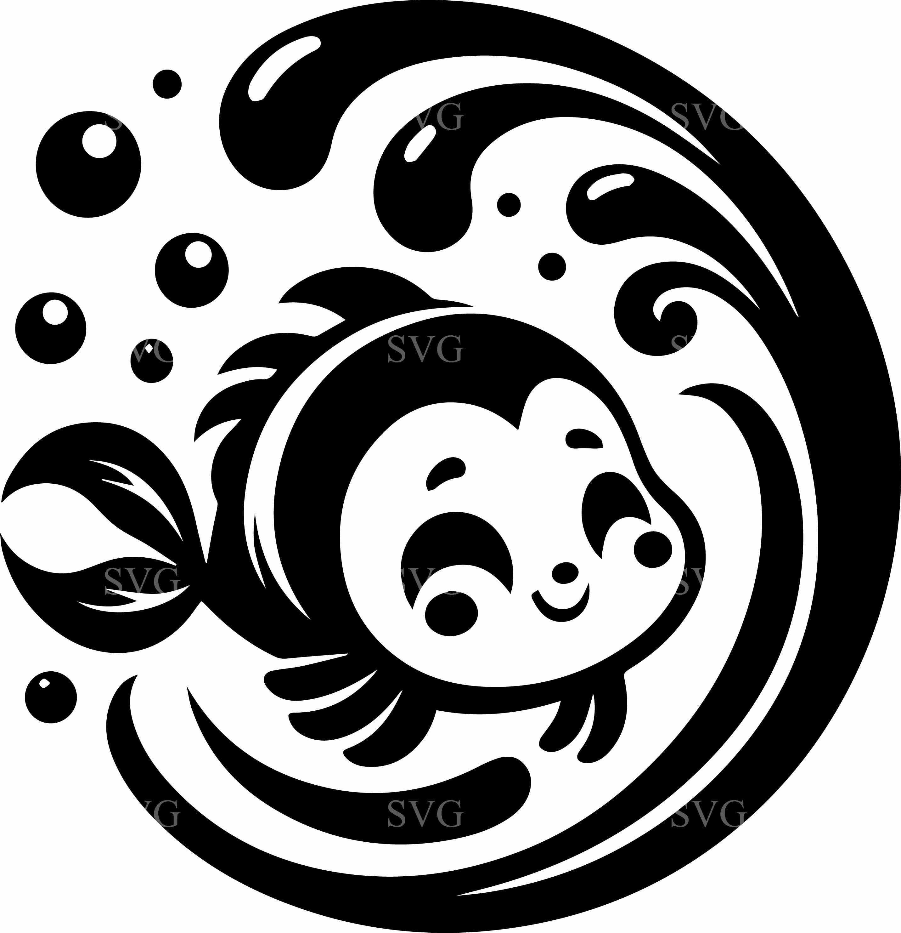 8 Ocean Fish SVG – Cute Fish Cut File for Cricut, Wave and Bubbles Sea ...