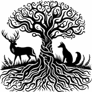 6 cerfs et renard SVG couper fichier, 6 silhouette arbre de vie mystique, forêt des cliparts animaux pour Cricut et découpe laser