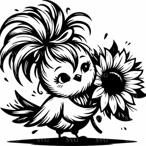 Pássaro bonito com girassol SVG – 4 penas fofas segurando flores, clipart de animais com corações para Cricut
