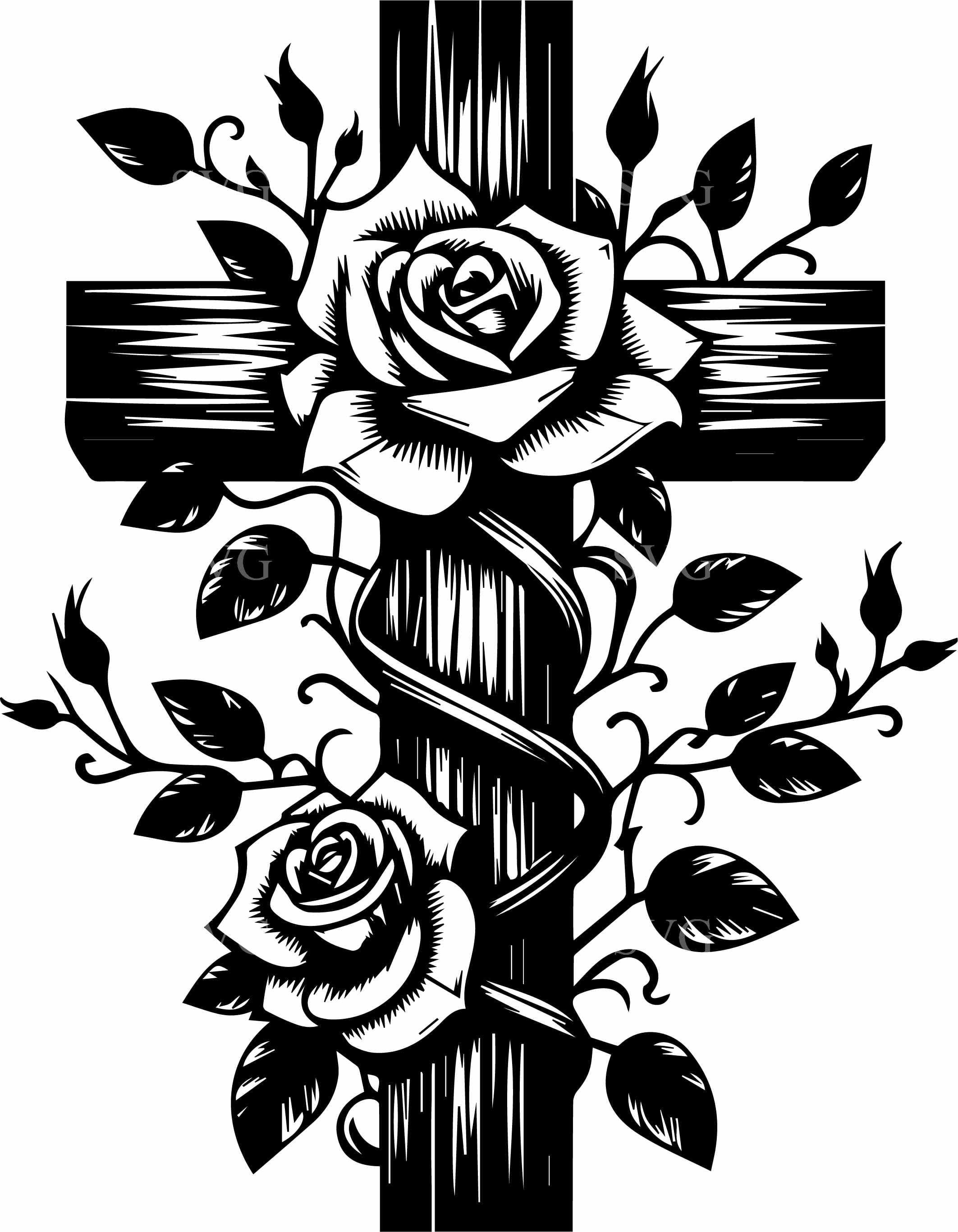 8つの花の十字架SVG – 8つの木の十字架の上のバラPNG – 記念の装飾