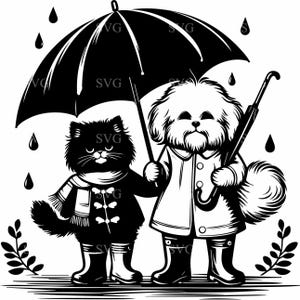 Niedliche Katze und Hund mit Regenschirm SVG, 3 Regnerischer Tag Tierfreunde Schnittdatei für Cricut und Silhouette Handwerk