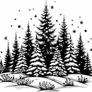 5 SVG di foresta di pini innevati – File di taglio di scena di bosco invernale – Paesaggio naturale natalizio per cartelli, biglietti e lavori artigianali Cricut