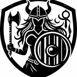 May include: Black and white illustration of a female warrior wearing a horned helmet and holding a shield and an axe. The warrior is standing inside a shield-shaped frame.