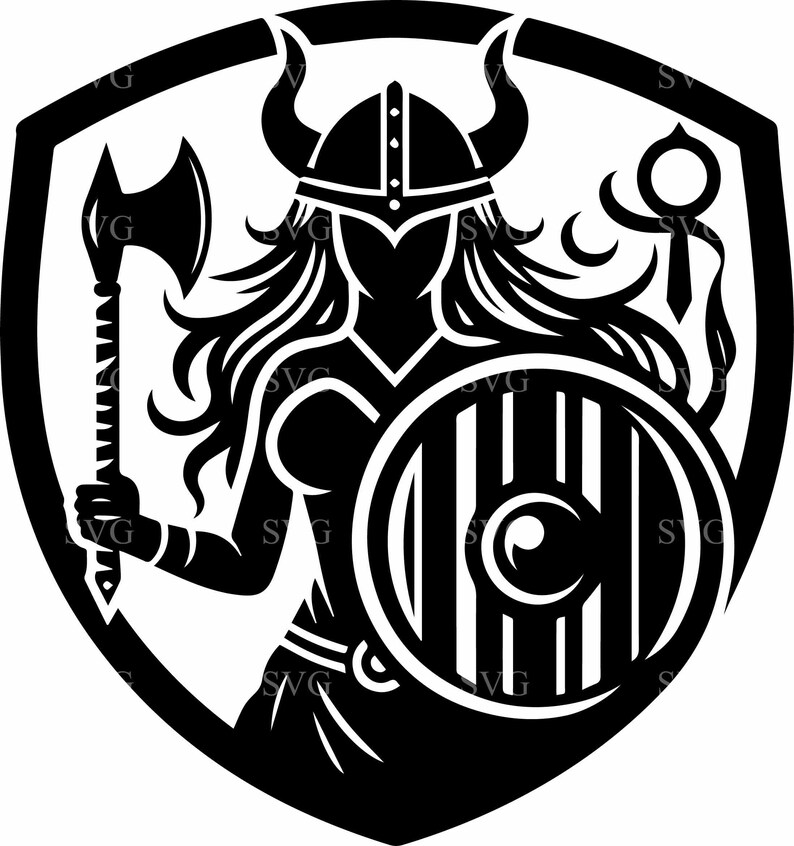 May include: Black and white illustration of a female warrior wearing a horned helmet and holding a shield and an axe. The warrior is standing inside a shield-shaped frame.