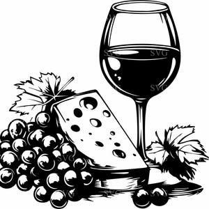Wijn en kaas SVG 8 gesneden bestand | Druiven en wijnglas Clipart | Elegante decoratie voor eten en drinken