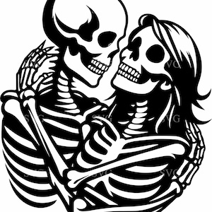 May include: Black and white illustration of two skeletons embracing. The skeletons are in a romantic pose, with their arms around each other and their heads tilted towards each other. The image is a stylized representation of love and death.