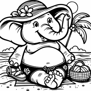 Può includere: Un elefante dei cartoni animati con un cappello da sole con un fiore, seduto su una spiaggia. L'elefante indossa un costume da bagno e sandali. Un cesto con gomitoli di lana e una palma sono anche sulla spiaggia.