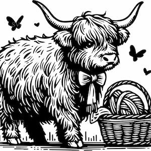 May include: Black and white illustration of a Highland cow with long fur, wearing a bow tie, and standing next to a basket filled with yarn. Butterflies are also included in the design.
