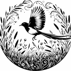 9 Arte de pássaros silvestres – 9 Arquivo de corte SVG de pega em círculo floral – Design de pássaro voador para artesanato, decalques, impressões e presentes Cricut