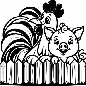 5 SVG de gallo y cerdo, 5 imágenes prediseñadas de cerca de animales de granja, archivo de corte de pollo y cerdo para Cricut, silueta, sublimación