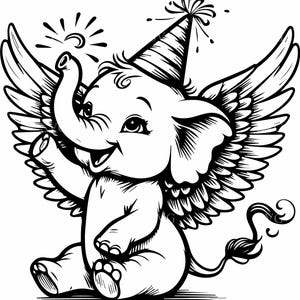 May include: A black and white illustration of a baby elephant with angel wings, wearing a party hat. The elephant is sitting and waving its trunk, with a celebratory burst emanating from the trunk.