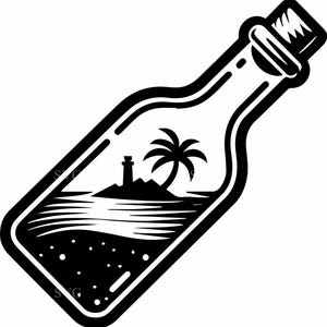 Pode incluir: Ilustração a preto e branco de uma garrafa com uma rolha, contendo uma cena de ilha tropical. A ilha apresenta um farol, uma palmeira e ondas do oceano. A garrafa está inclinada diagonalmente.
