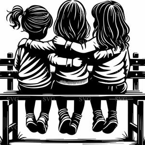 SVG-Schnittdatei von drei Mädchen auf einer Bank sitzend, 3 Arme umeinander, Freundschaft Silhouette digitaler Download