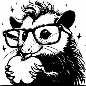 4 Opossum mignon avec des lunettes SVG 4, adorable opossum tenant une pomme, parfait pour les projets d'artisanat amusants avec Cricut et Silhouette