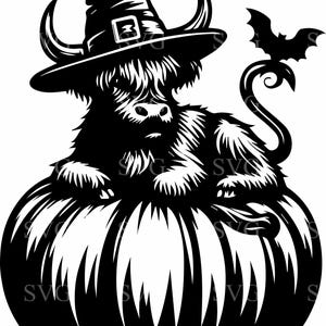 6 SVG de bruja de vaca de las Tierras Altas, 6 archivos de corte de Halloween, PNG de calabaza y murciélago para manualidades de Cricut, diseño espeluznante de animales de granja