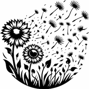 Peut inclure: Illustration en noir et blanc de tournesols et de graines de pissenlits emportées par le vent. L'image présente deux grands tournesols, de l'herbe, des feuilles et de nombreuses têtes de graines de pissenlits flottant vers le haut.