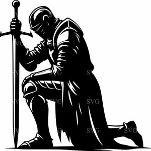 Kniender Ritter SVG 4 Schnittdatei - Gepanzerter Krieger mit Schwert, Edle Mittelalterliche Kunst, digitaler Download