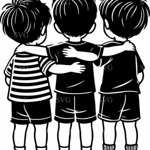 Op de afbeelding: Een zwart-wit illustratie van drie kinderen die elkaar omarmen. Eén kind draagt een gestreept shirt, de anderen effen shirts en shorts. De afbeelding staat voor vriendschap en eenheid.
