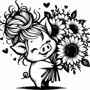 Lindo cerdito con girasoles SVG, archivo de corte de silueta de 8 animales de granja, clipart de cerdo floral para Cricut y corte láser