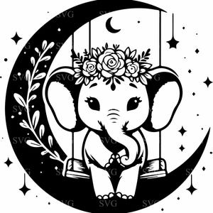 May include: A black and white illustration of a baby elephant with a floral crown, swinging on a crescent moon. The design features stars and a sprig of leaves, creating a whimsical, celestial theme. Ideal for nursery decor or baby-themed crafts.