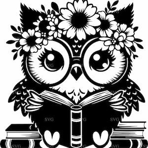 4 Blumen Eule mit Bücher SVG 4 Schnittdatei | Niedliche Eulen lesen Silhouette Kunst | Drolliges Eulen Design zum Basteln