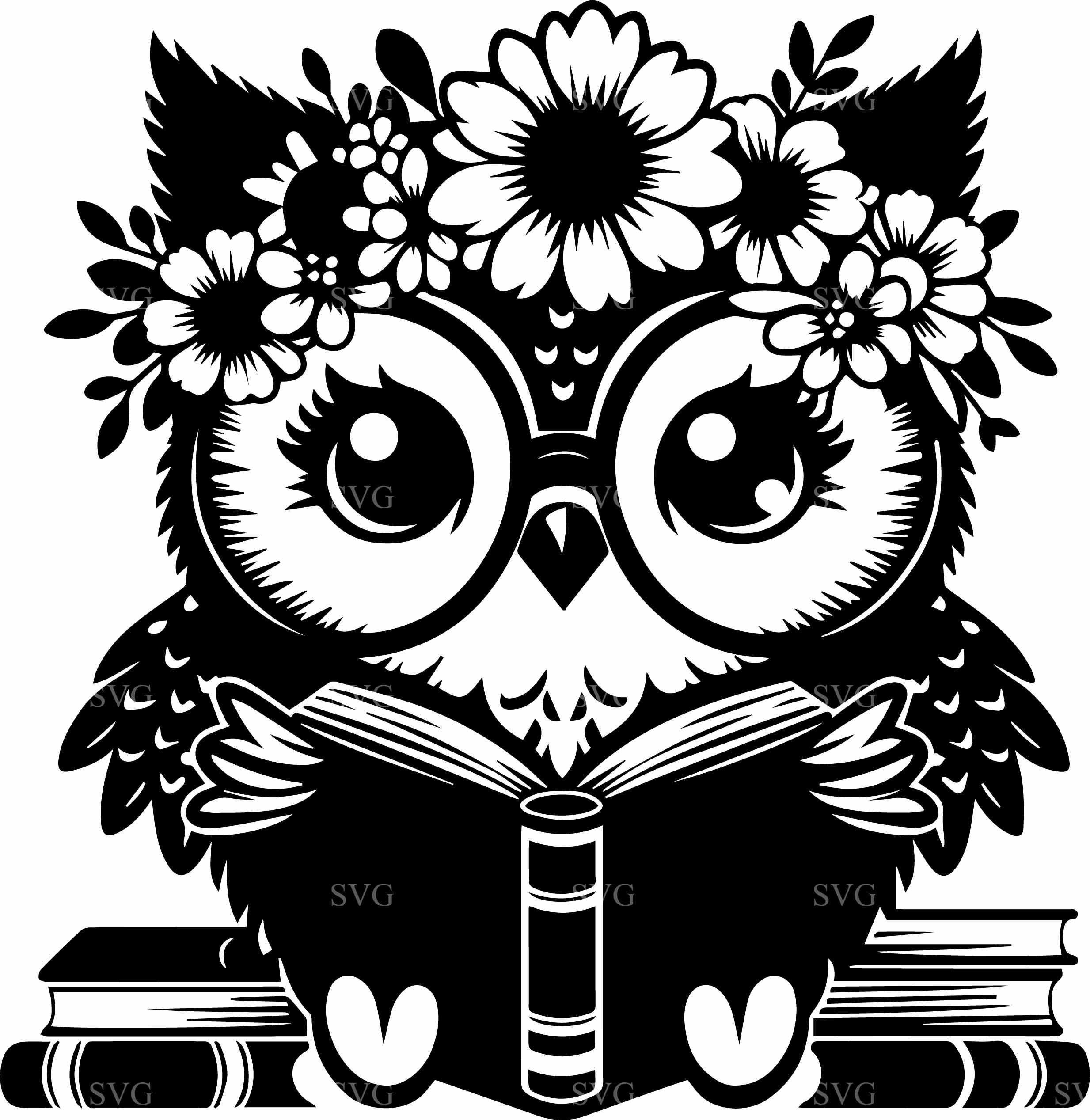 4 Floral Owl with Books SVG 4 Cut File | Cute Owl Reading Silhouette Art | Whimsical Owl Design for 
