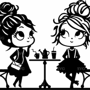 5 Kaffee Mädchen SVG, niedliche Cartoon Mädchen trinken Kaffee Silhouette, lustige Cafe Szene geschnitten Datei für Cricut Handwerk