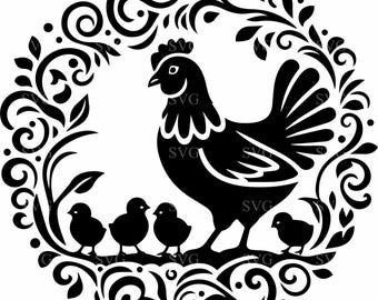 4 Hen SVG Chicks SVG Cut File, Farm Animal Clipart with Floral Border, Rustic