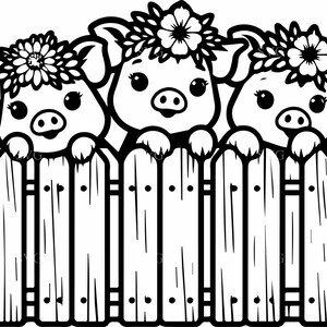 8 cerditos adorables en una cerca SVG, 8 imágenes prediseñadas de tres cerditos con coronas florales, animales de granja felices, archivo de corte para manualidades infantiles
