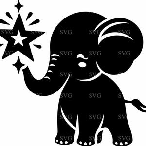 May include: A black silhouette of an elephant holding a star in its trunk. The elephant has a large ear and a small tail.