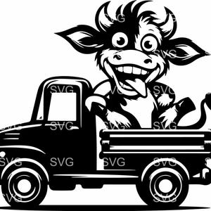 トラックに乗った面白い牛 SVG 8 カット ファイル | ピックアップ トラックに乗る漫画の牛 | Cricut および Silhouette 用の農場動物のクリップアート