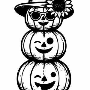 May include: Black and white illustration of three stacked pumpkins. The top pumpkin wears a hat, sunglasses, and a sunflower. The middle and bottom pumpkins have winking eyes and smiling faces. The image includes the text "SVG".