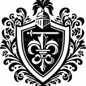 May include: Black and white illustration of a heraldic shield with a fleur-de-lis and a sword. The shield is surrounded by ornate floral designs.