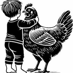 Könnte beinhalten: Eine Schwarzweißillustration eines Kindes, das ein Huhn umarmt. Das Kind trägt ein langärmliges Hemd und eine Hose. Das Huhn hat einen großen Kamm und Kehllappen.