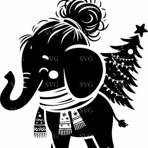 Puede incluir: Ilustración en blanco y negro de un elefante con moño y bufanda, llevando un árbol de Navidad decorado con luces y una estrella. Ideal para manualidades y diseños navideños.