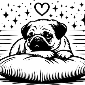 Puede incluir: Una ilustración en blanco y negro de un perro carlino durmiendo en una almohada con un corazón encima. El fondo está lleno de pequeñas estrellas.