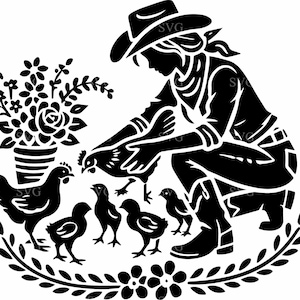 Fille de ferme avec des poulets SVG 4 fichier coupe - conception rustique de scène de poule et de poussins - art de SVG de métier de ferme de pays
