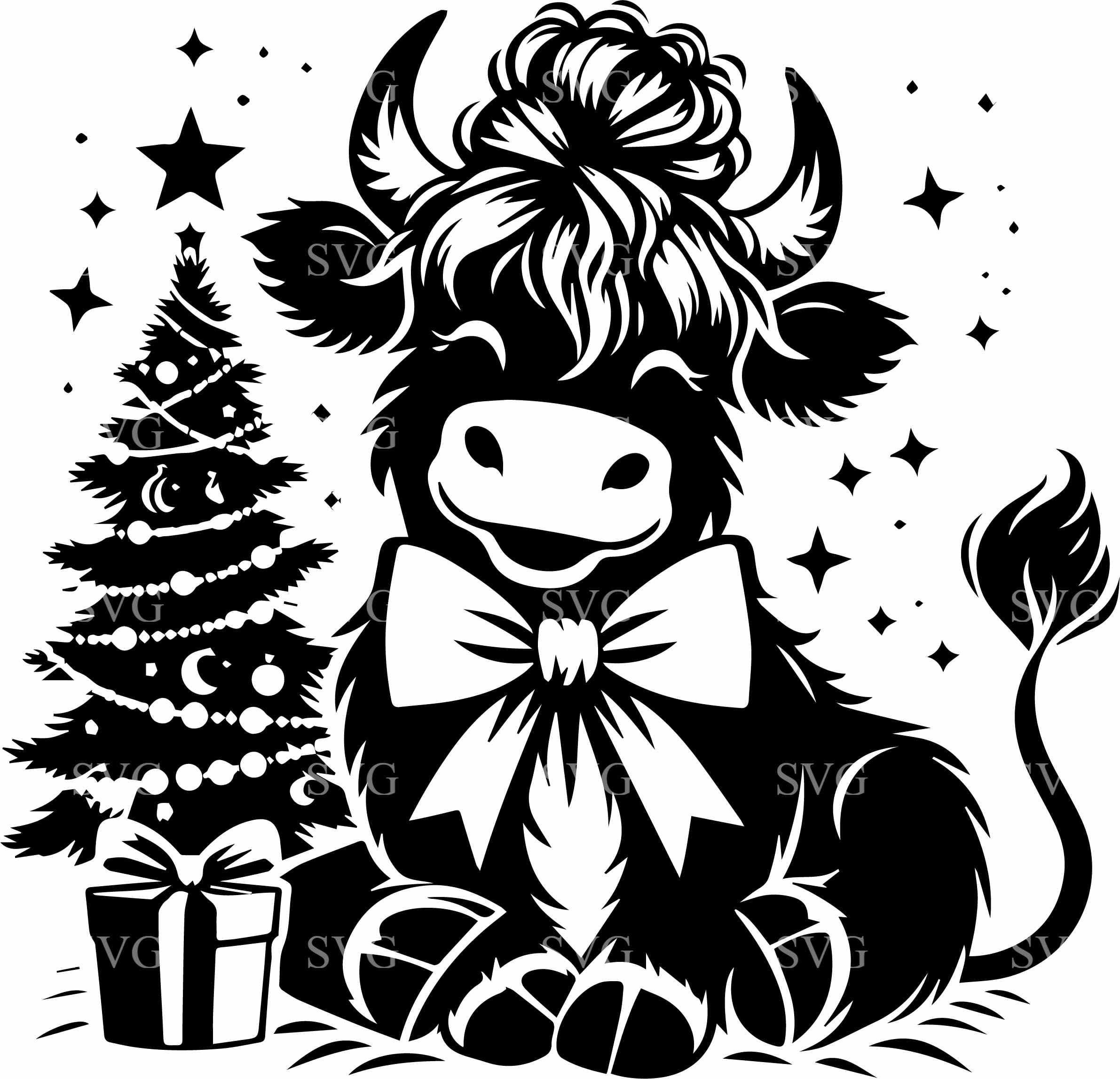 5 Christmas Cow SVG 5 Cut File | Cute Highland Cow With Bow & Tree ...