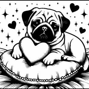 ハートの付いたパグ 4 匹 SVG、かわいい子犬の愛のシルエット 4 匹、Cricut およびレーザーカット用のバレンタイン ドッグ カット ファイル