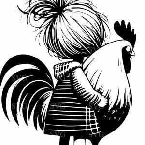 3 fille et coq fichier coupe SVG 3, Silhouette vie à la ferme, clipart pays mignon pour Cricut, découpe laser, stickers