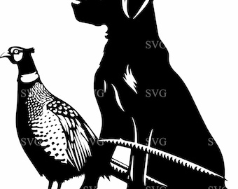 May include: A black and white silhouette of a Labrador Retriever sitting next to a pheasant. The dog is in a seated position, and the pheasant is standing. The image is a graphic design, likely for a decal or print.