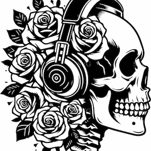 7 Headphones skull SVG – 7 Rose skull cut file – Music lover gothic design for Cricut, punk rock crafts, edgy tattoo style art