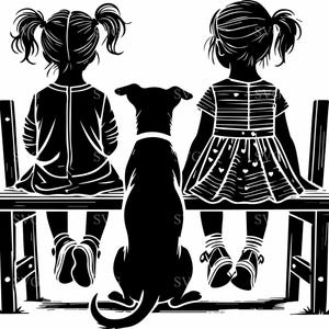 女の子と犬の SVG 4 カット ファイル、ベンチに座っている子犬と 2 人の子供、Cricut プロジェクト用の心温まるシルエット