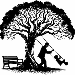 8 SVG de padre e hijo en columpio, silueta de padre empujando a su hijo en un columpio de árbol, archivo de corte Cricut de momento familiar