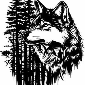 May include: Black and white illustration of a wolf's head with a forest background. The wolf is looking to the right and has a fierce expression.