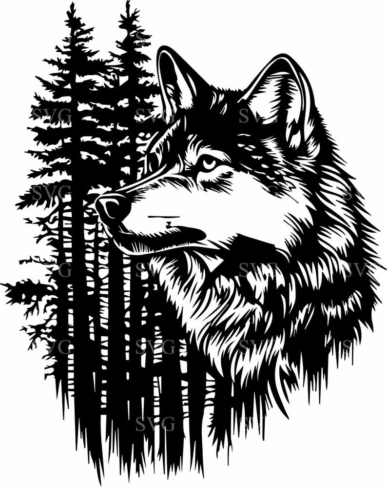 May include: Black and white illustration of a wolf's head with a forest background. The wolf is looking to the right and has a fierce expression.