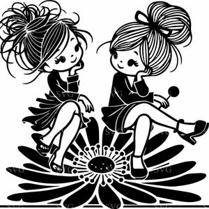 Arquivo de corte SVG 4 de meninas fofas - Duas meninas brincalhonas sentadas em uma flor - Clipart caprichoso para Cricut e Silhouette